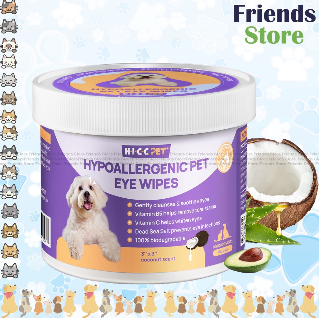 HICC PET - 猫と犬の涙やけクレンジングティッシュ（ココナッツの香り）100枚入り 猫と犬用 万能クレンジング 涙やけ 涙やけウェットティッシュ 目元洗浄 涙やけ除去 目やに除去