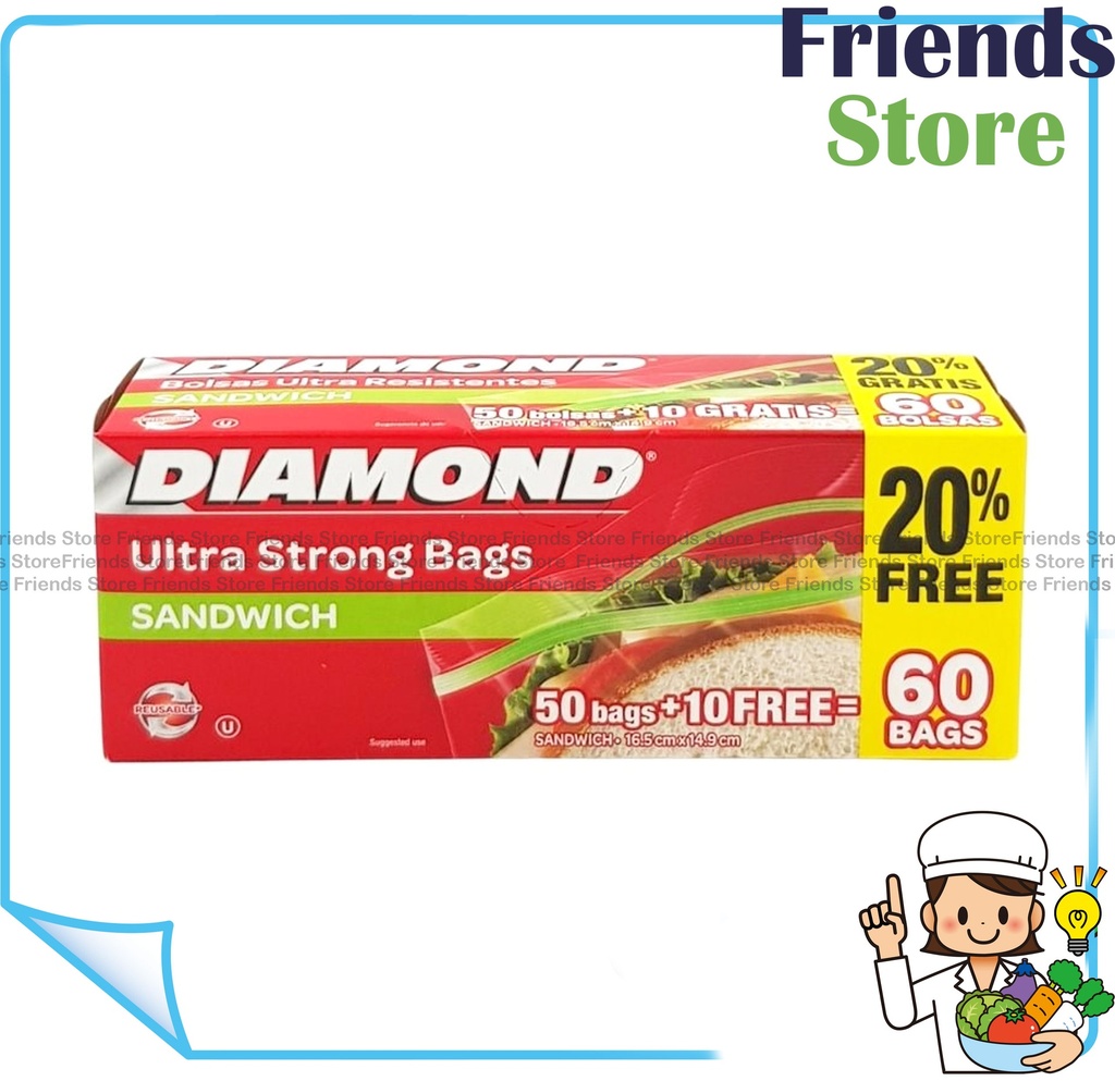 [40007730D3] DIAMOND - ถุงเก็บของแข็งแรงพิเศษ - สำหรับแซนด์วิช/ขนาดเล็ก - 50 ถุง (แถมฟรี 10 ถุงต่อแพ็ค จัดส่งแบบสุ่ม)