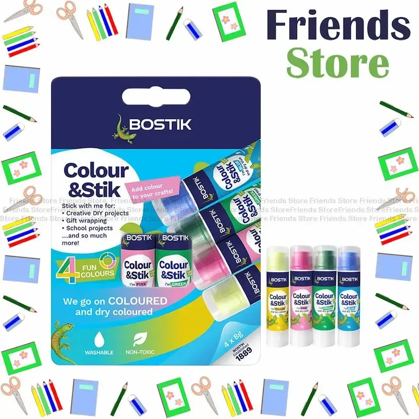 [140571E] แท่ง Bostik - 4 สี (ฟ้า/เขียว/ชมพู/เหลือง) 4 x 8 กรัม